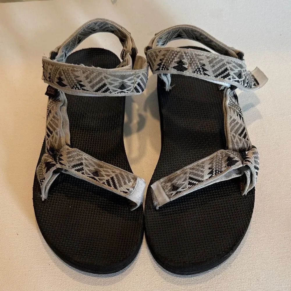 Teva Women's Gray Patterned Strap Sandals with Black Footbed